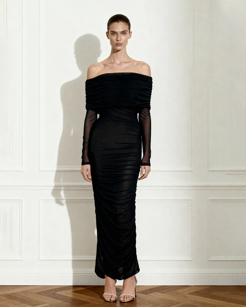 Ruched Off-Shoulder Mesh-Sleeve Mermaid Maxi Dress - Black