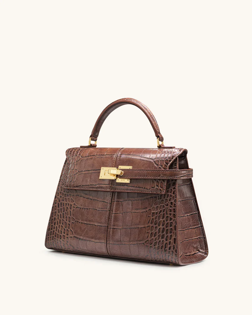 Elise Large Croc-Embossed Top Handle Bag - Chestnut Brown