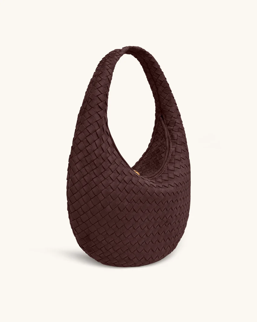 Nola Faux Suede Woven Hobo Shoulder Bag - Dark Mocha