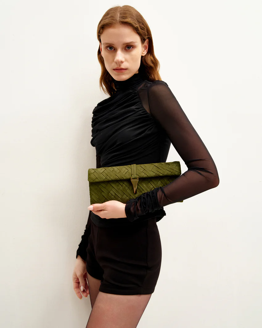 Zaria Woven Clutch - Dark Olive