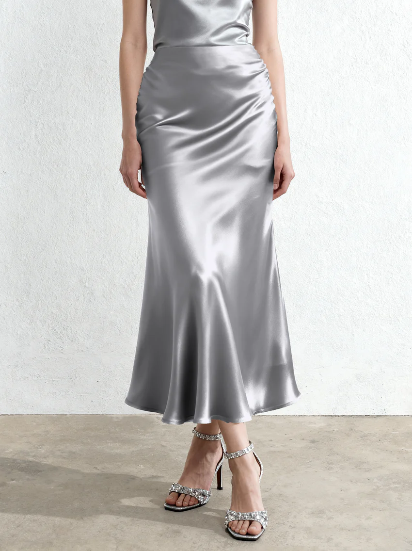 Liquid Satin Mermaid Maxi Skirt - Silver