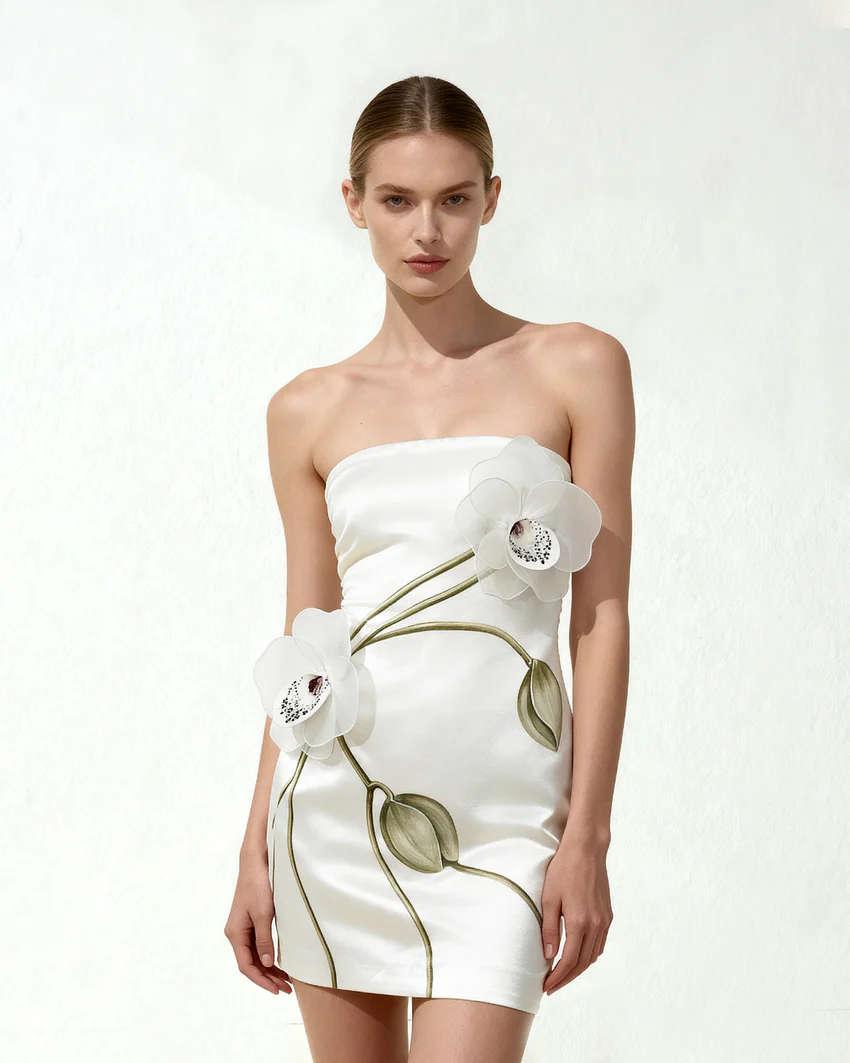 Orchid Appliqué Strapless Dress - White