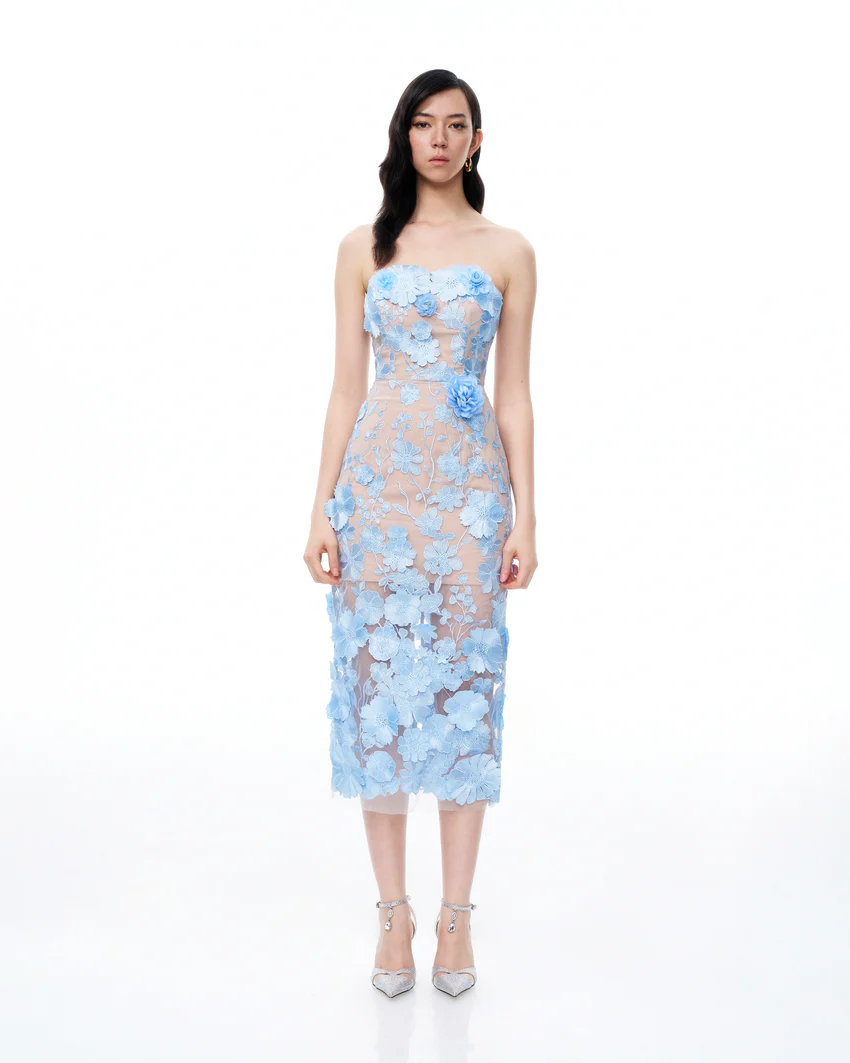 Evander 3D Floral Embroidered Maxi Dress - Blue