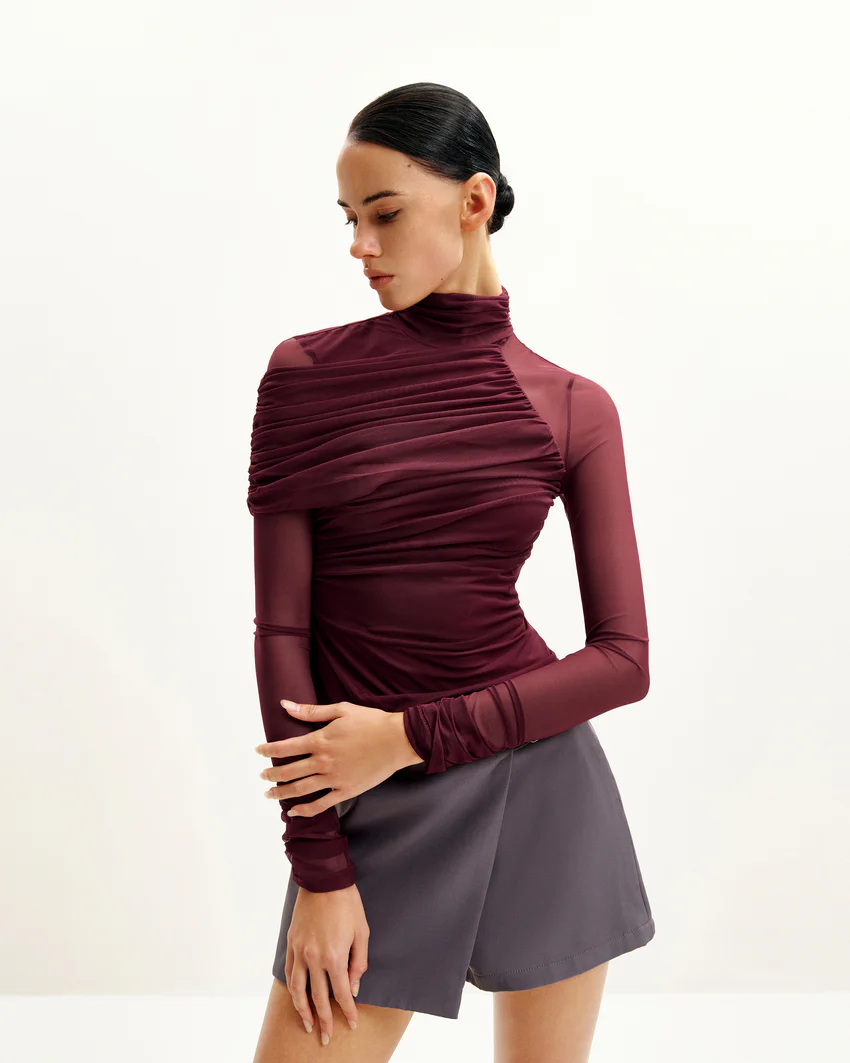 Ella Sheer Ruched Turtleneck Top - Burgundy