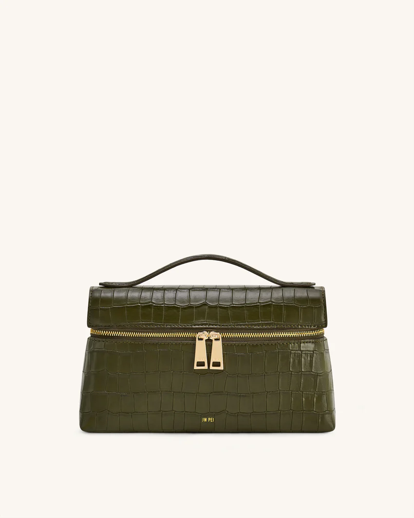 Thea Croc-Embossed Top Handle Bag - Olive Green