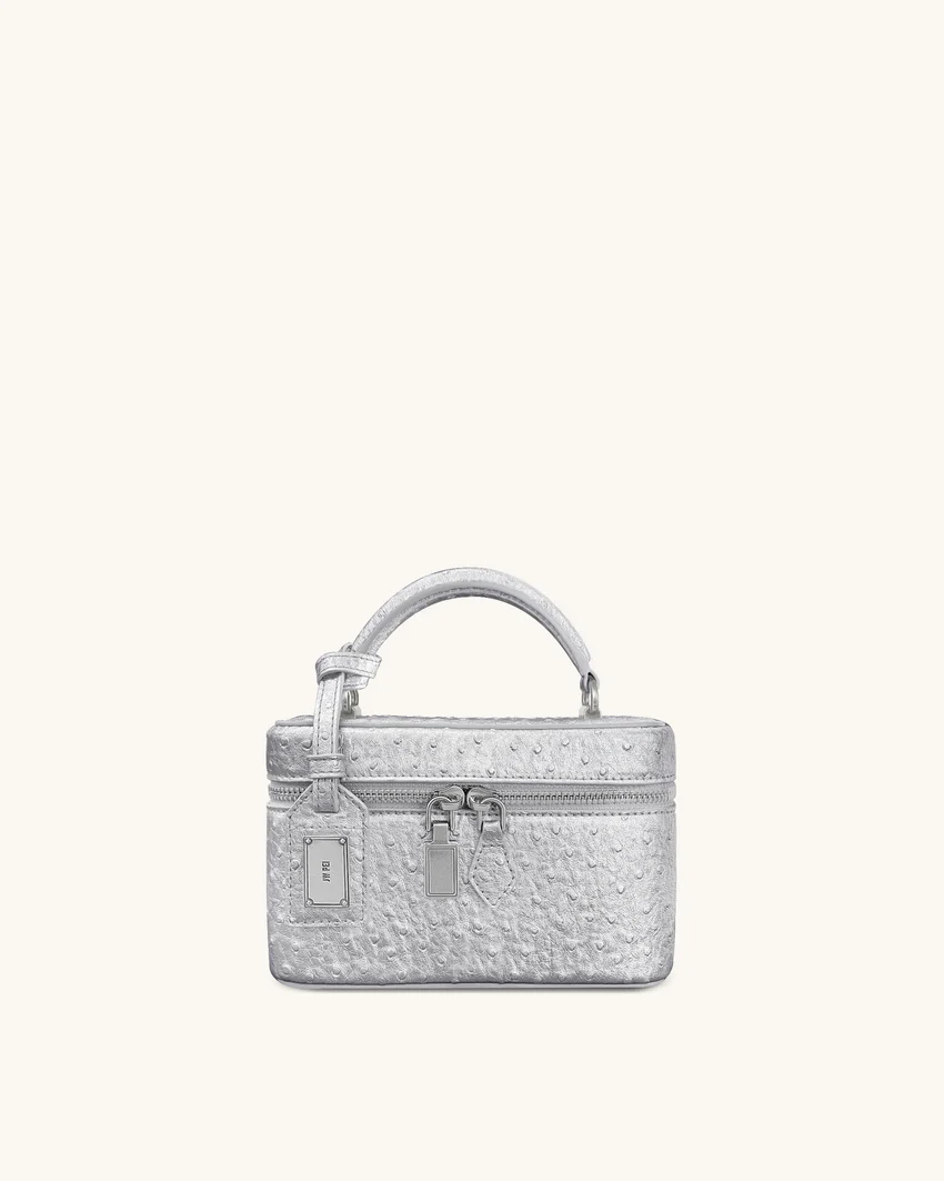 Cleo Faux Ostrich Texture Box Shape Top Handle Bag - Silver
