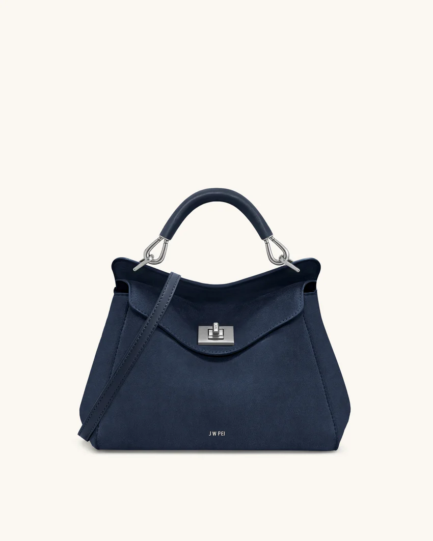 Lucia Classic Faux Suede Top Handle Bag - Navy Blue