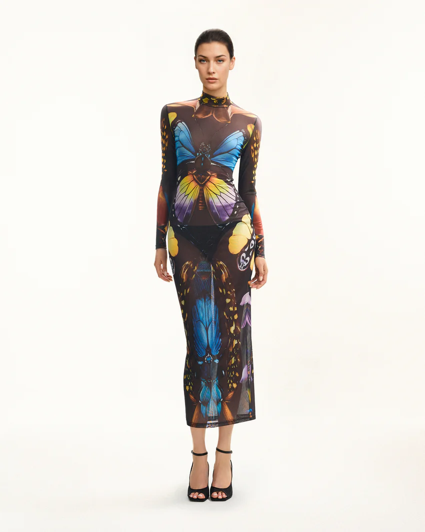 Butterfly Mesh Maxi Dress - Multicolor