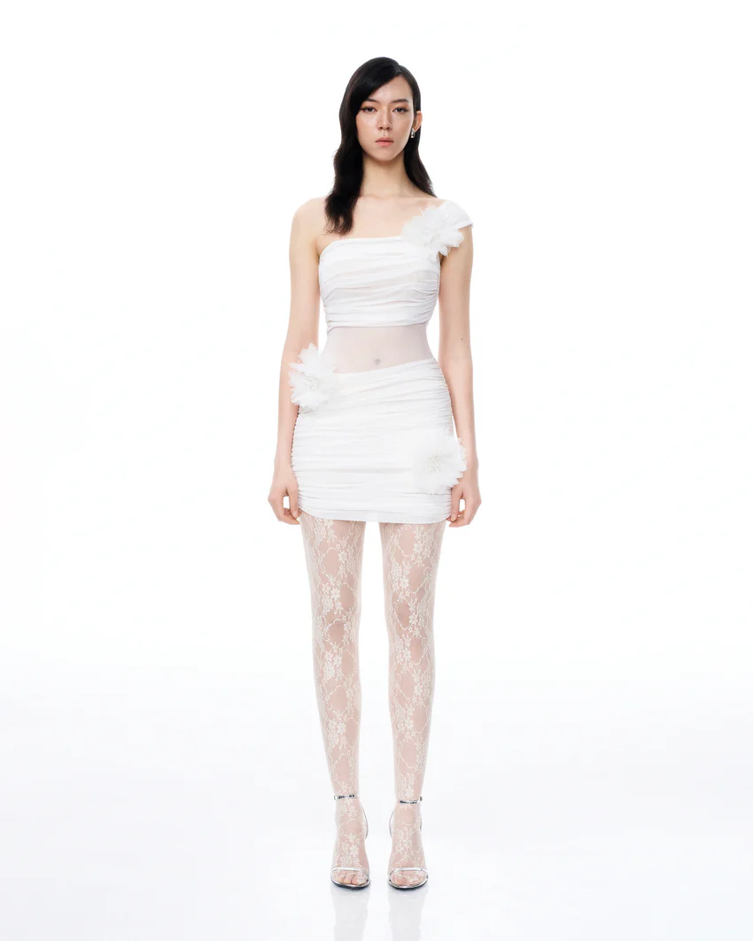 Isidore 3D Floral Wrinkles Mini Dress - White