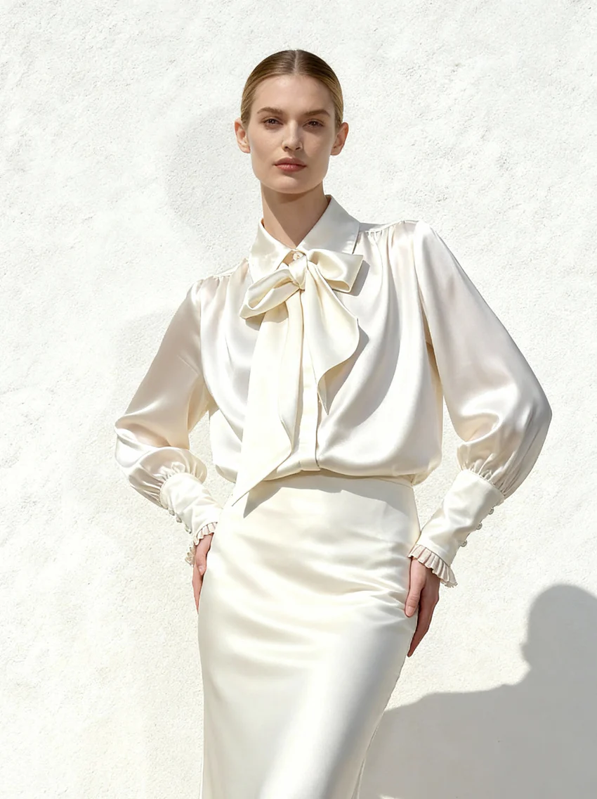 Ribbon Tie Balloon Sleeve Blouse - White