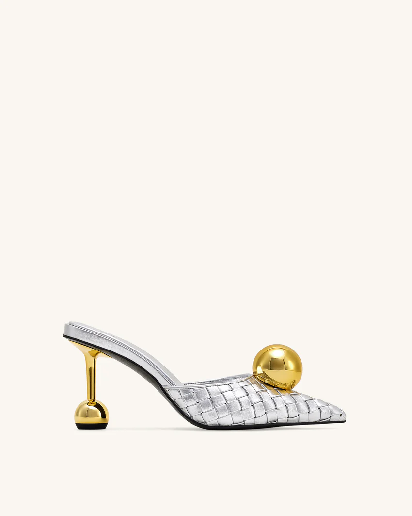 Sofia Woven Sphere Heel Mules - Silver & Gold