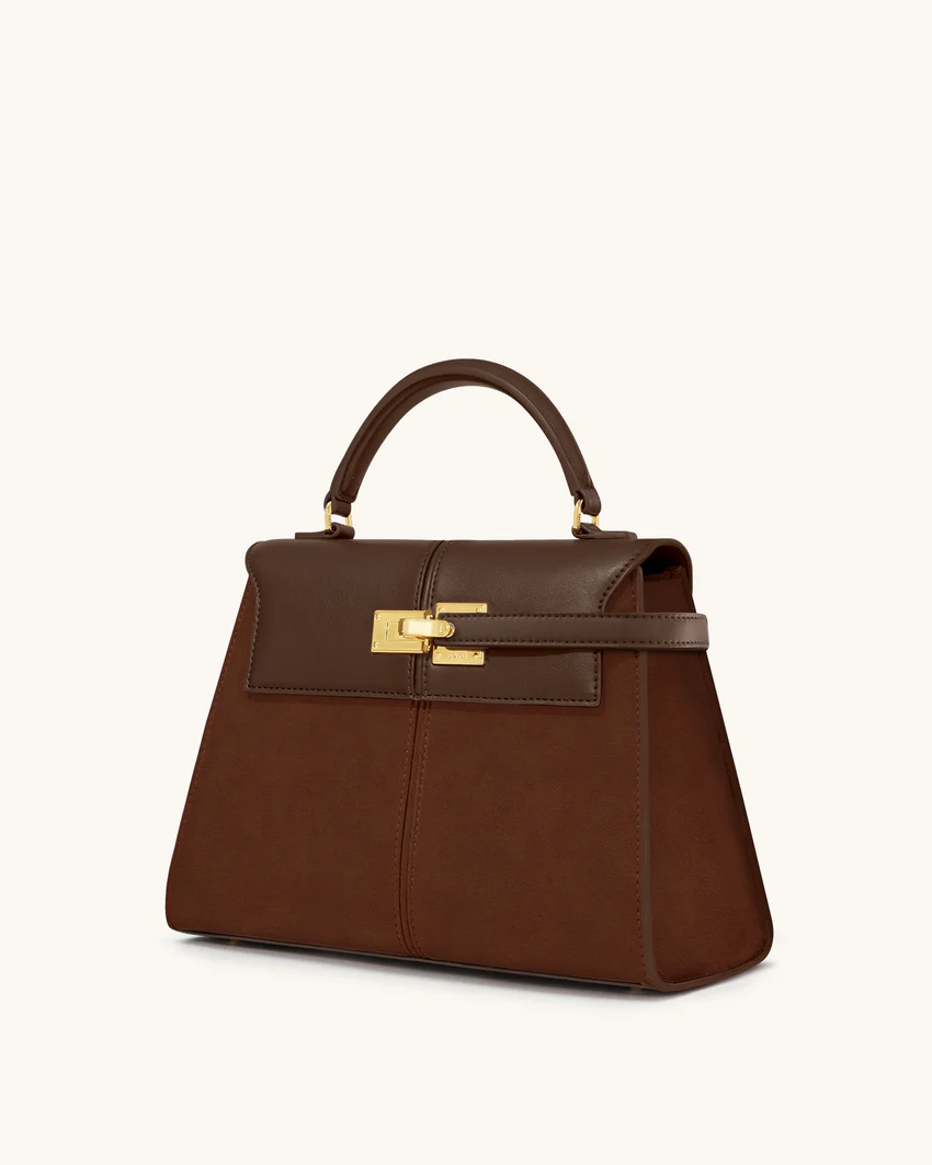 Elise Large Faux Suede Top Handle Bag - Mocha Brown