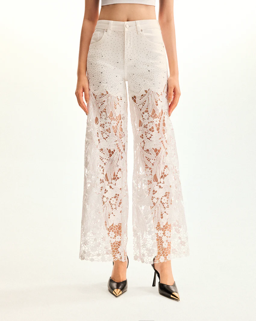 Embroidery High Rise Wide Leg Lace Denim Jeans With Rhinestone - White
