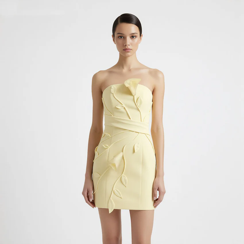 3D Floral Appliqué Strapless Mini Dress - Yellow