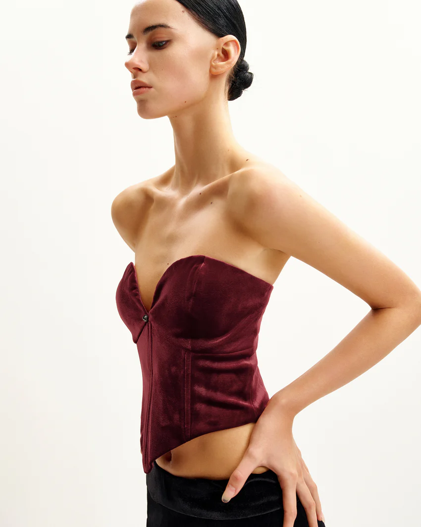 Anna Low-cut Velvet Corset Top - Claret