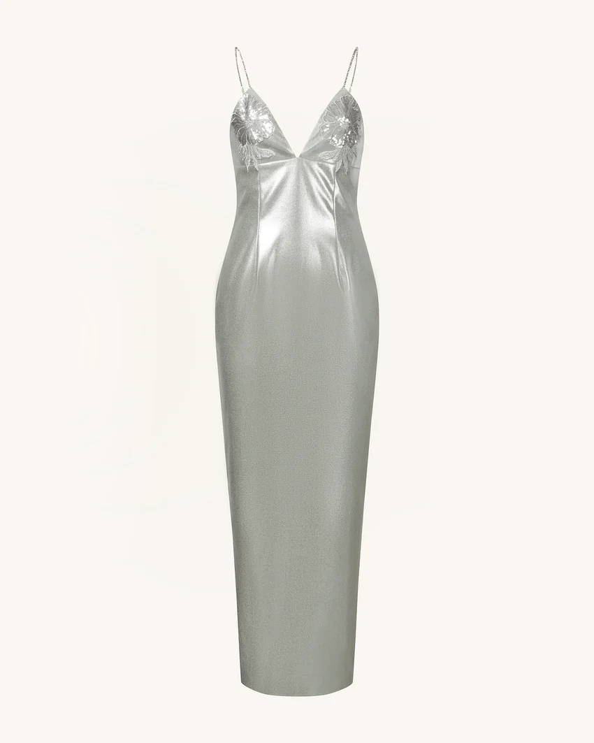 Ayliua Sweetheart-Neckline Rhinestones Embellished Silver Long Dress - Silver