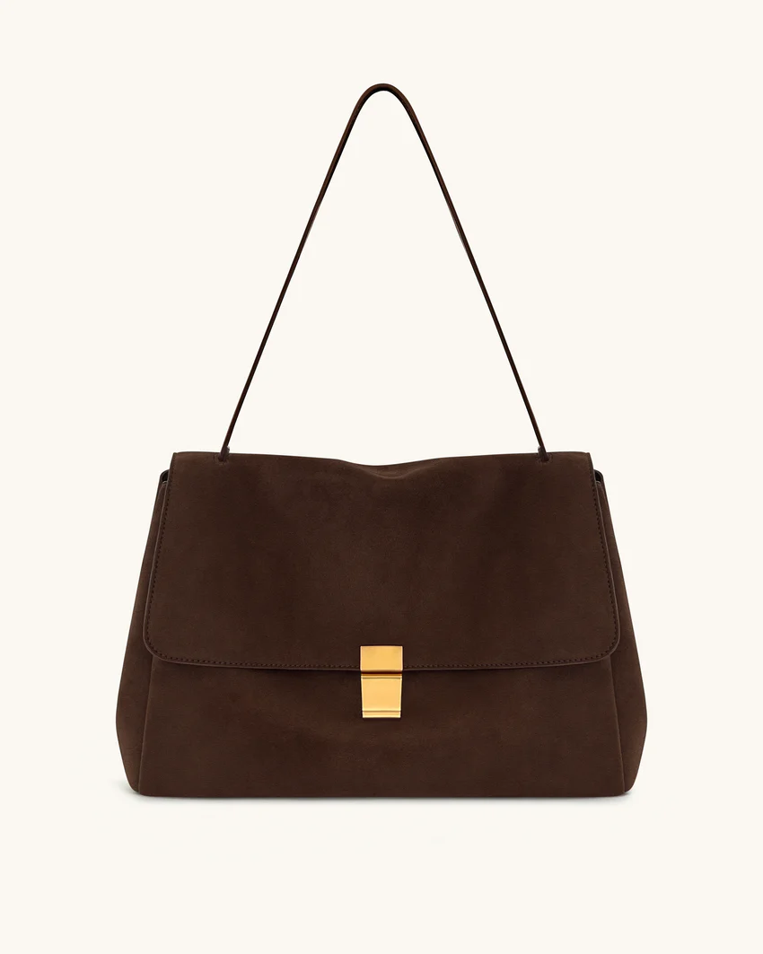 Hilary Faux Suede Shoulder Bag - Dark Brown