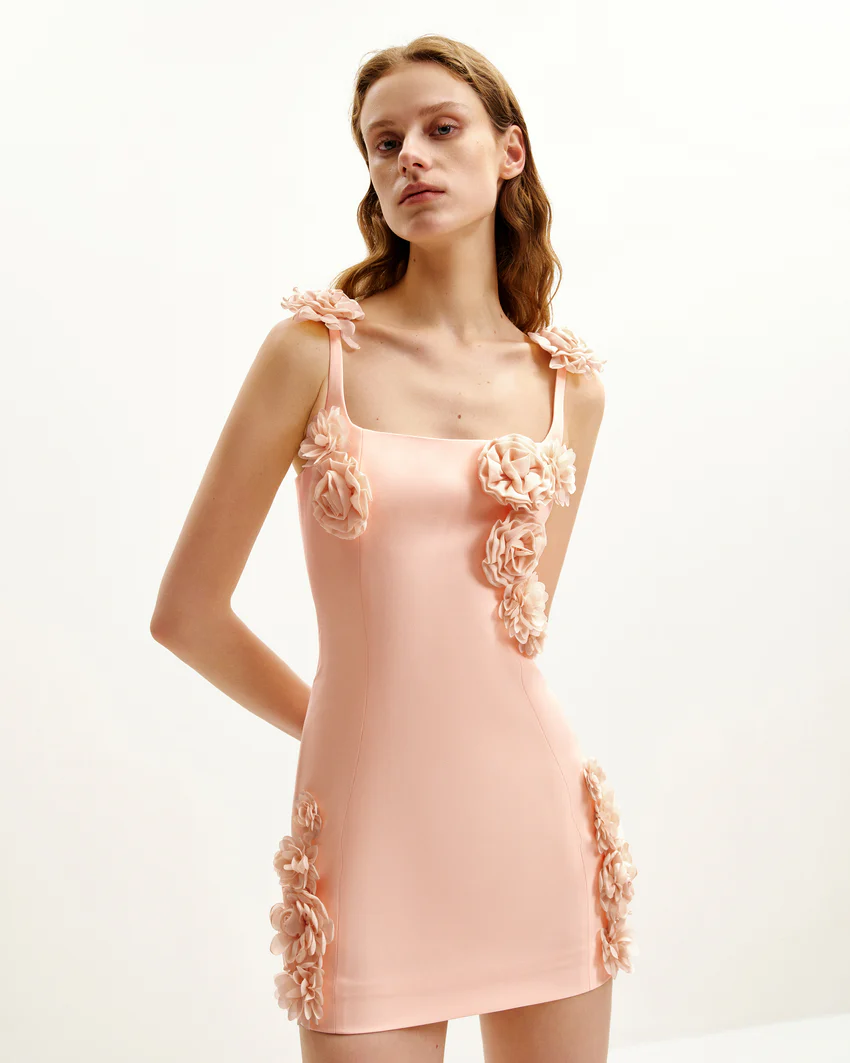Elaina Pink Rosette Applique Mini Dress - Apricot