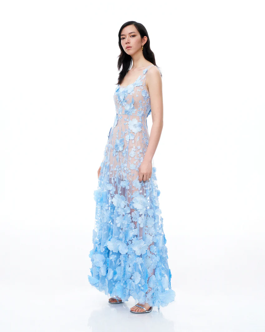 Clementine 3D Floral Embroidered Dress - Blue