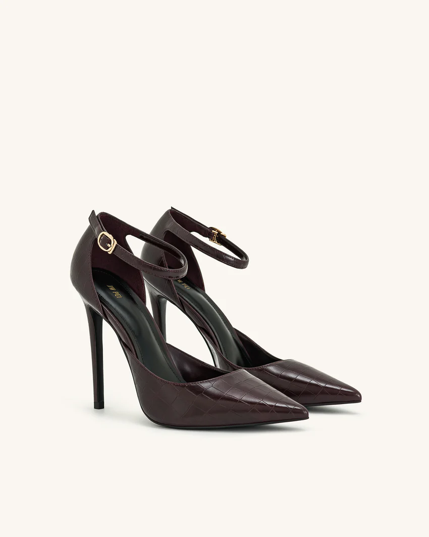 Leah Croc-Embossed Ankle Strap Heels - Burgundy