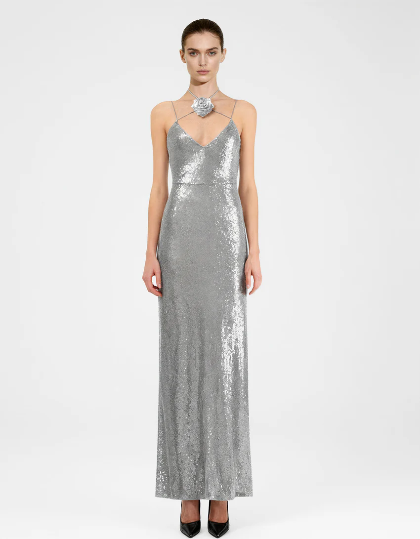 Heisey Silver Sequinned Rosette Maxi Dress - Silver