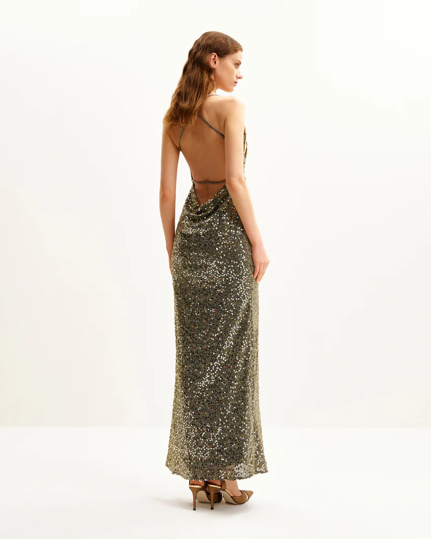 Araminta Sequined Gown with Floral Details - Gold