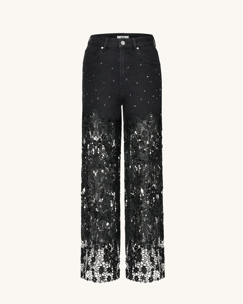 Embroidery High Rise Wide Leg Lace Denim Jeans With Rhinestone - Black