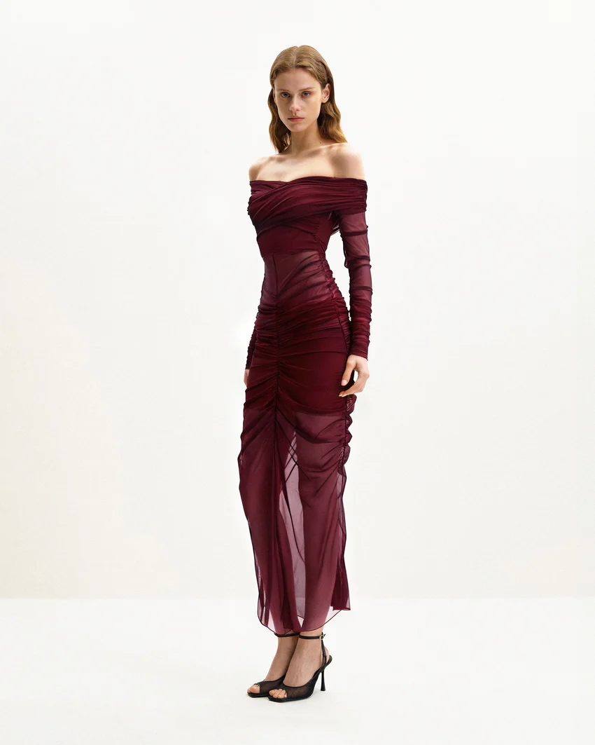 Emily Elegant Off-Shoulder Ruched Gown - Red