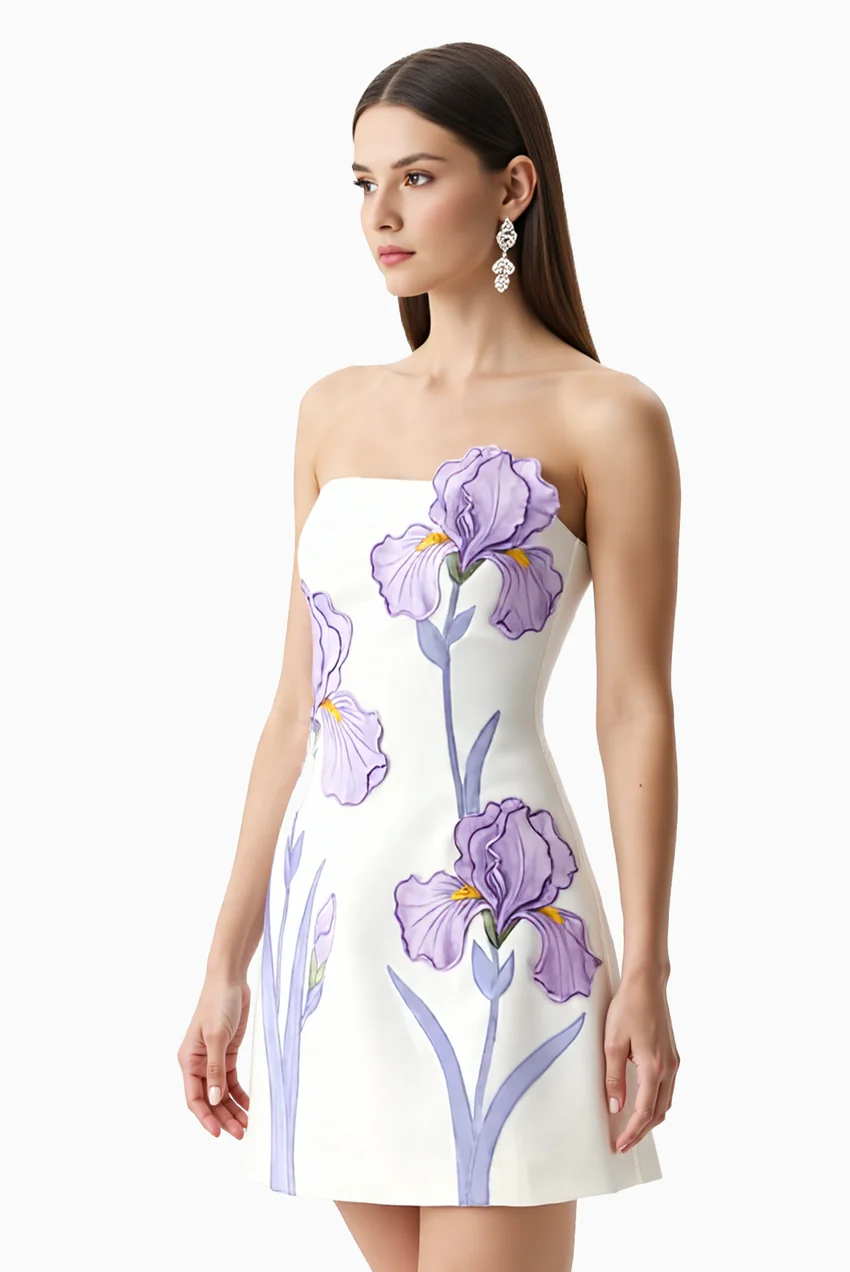 Iris Floral Print Strapless Dress - White