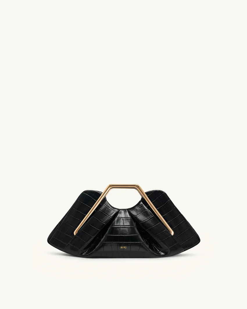 Lila Faux Croc-Effect Metal Frame Clutch - Black